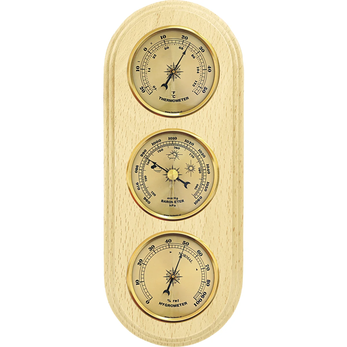 Wall weather station , barometer , hygrometer , thermometer, gold coloured dials , 280 mm x 120 mm 