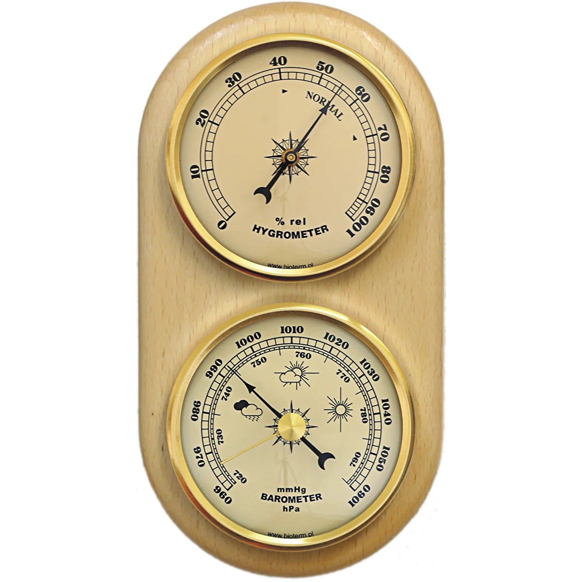 Wall weather station , barometer , hygrometer , gold coloured dials , 180 mm x 90 mm