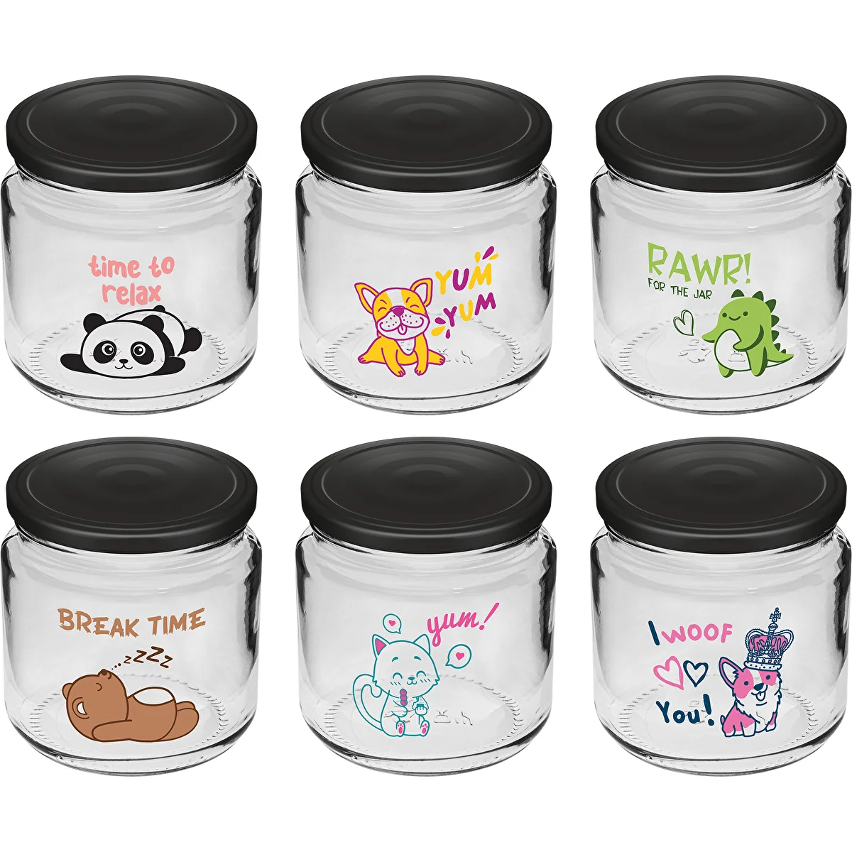 Twist-off jar for children, 212 ml, with print and lid, 6 pcs
