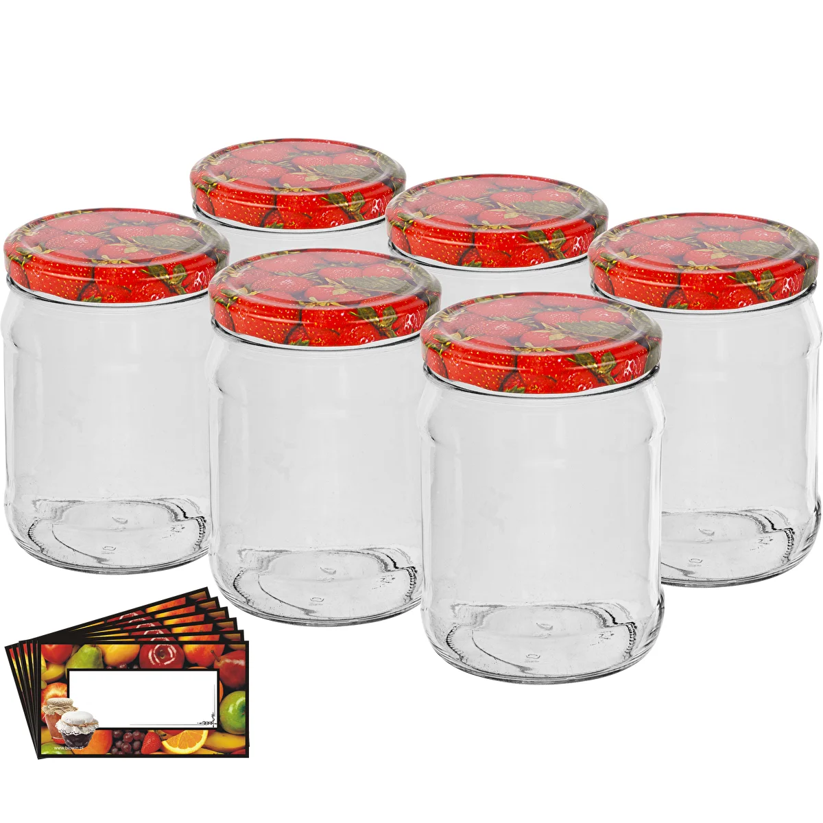 500ml twist off glass jar with coloured lid Ø82/6 and label - 6 pcs.