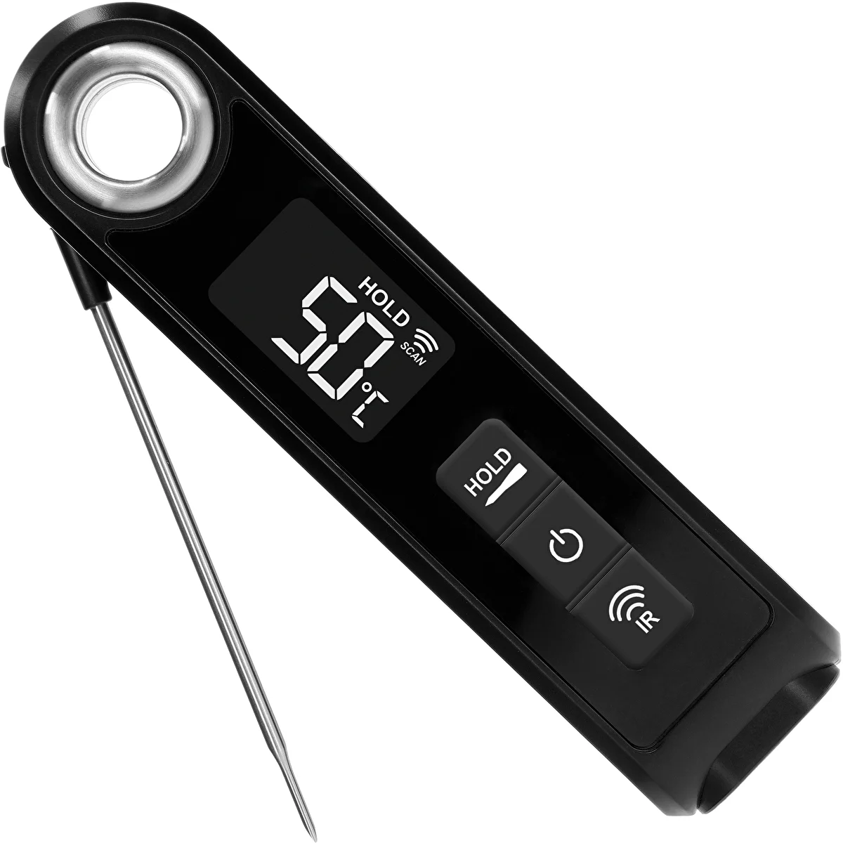 Infrared cooking thermometer, compact, with foldable probe