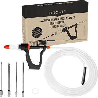 Semi-automatic meat injector with a hose and a needle set