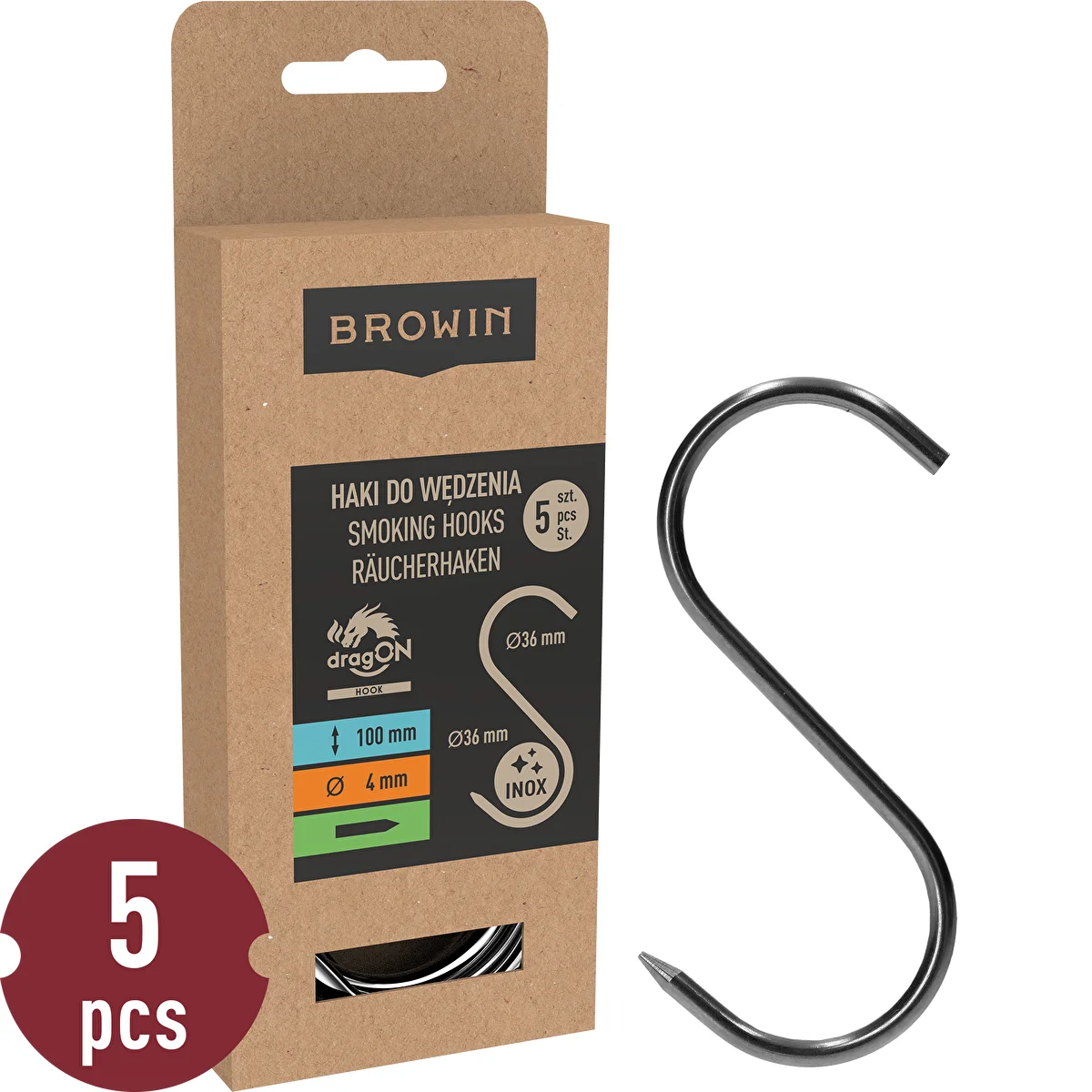 Smoking Hooks - S-shaped, sharpened, 4 mm x 100 mm, Pack of 5