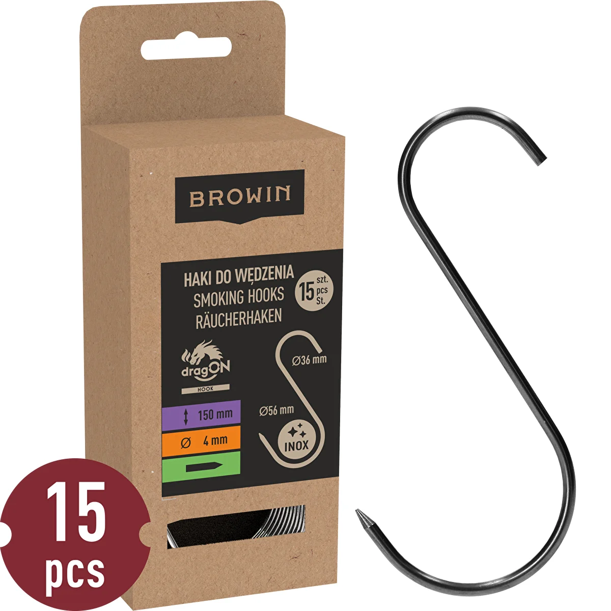 S-shaped smoking hooks, sharpened, 4 mm x 150 mm, 15 pcs.