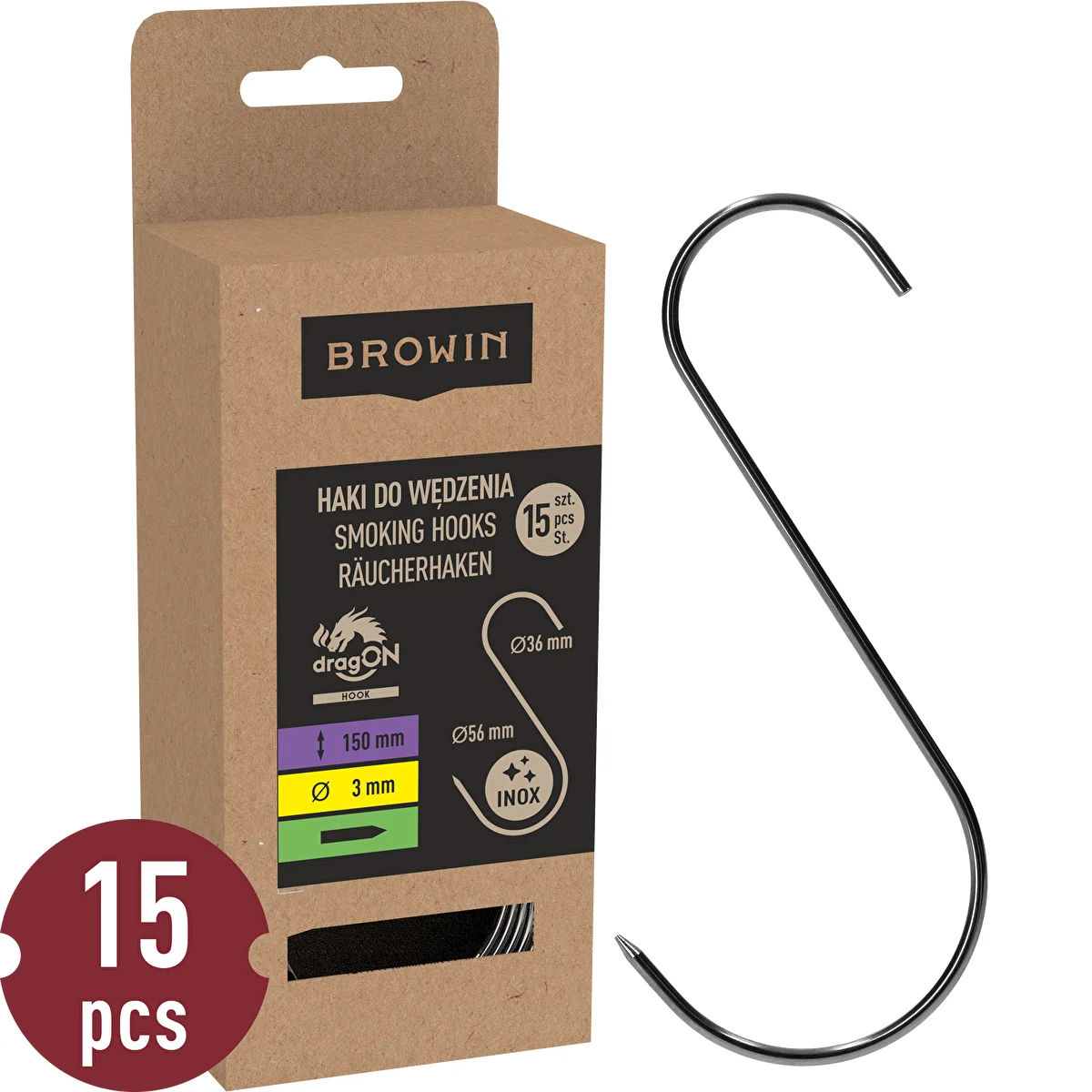 S-shaped smoking hooks, sharpened, 3 mm x 150 mm, 15 pcs.