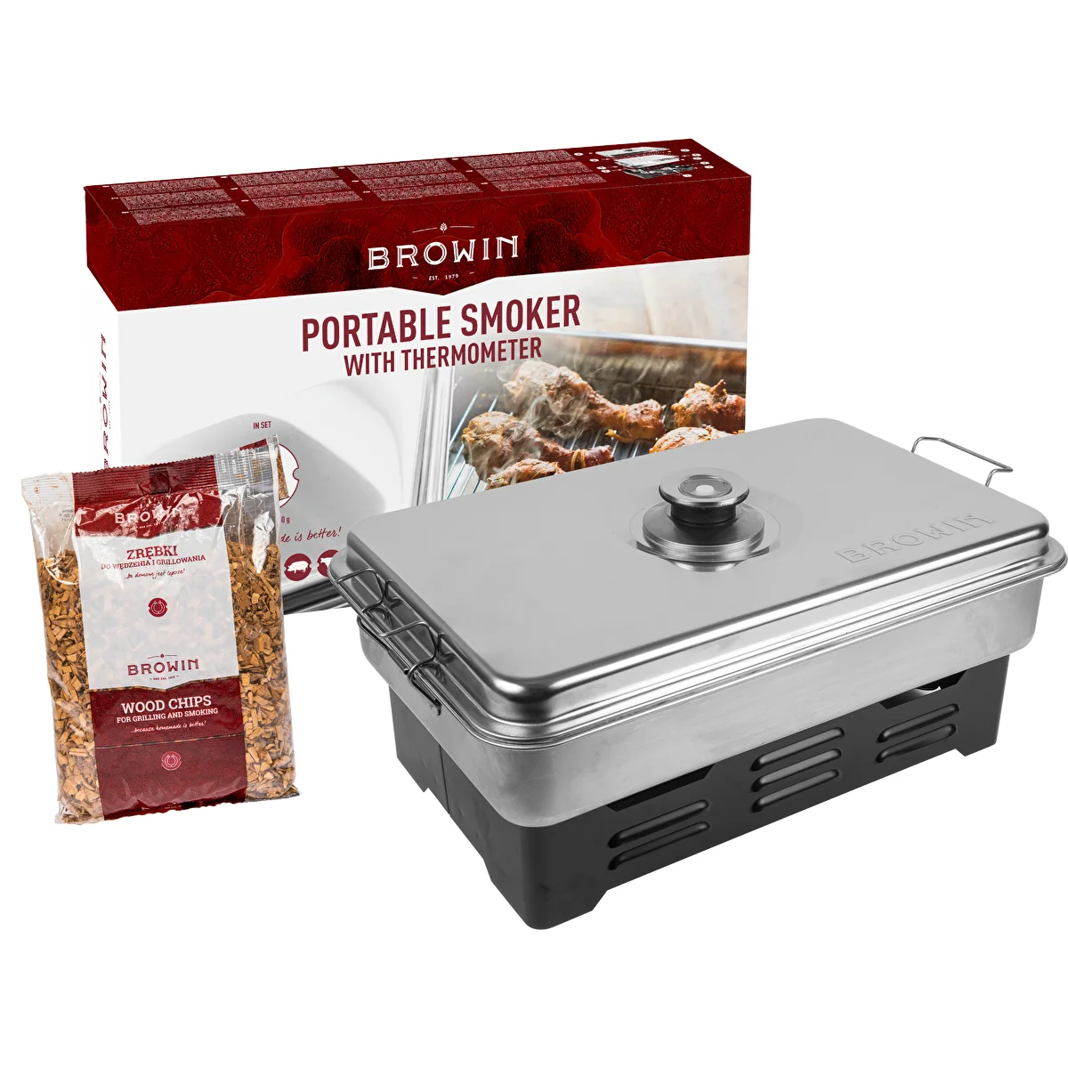 Outdoor table smoker with thermometer and woodchips