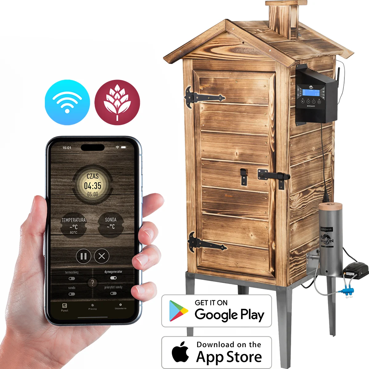 Wi‑Fi Smoker, 200 L – dragON WOOD 100IQ with electric heating module and controller, wood‑fired