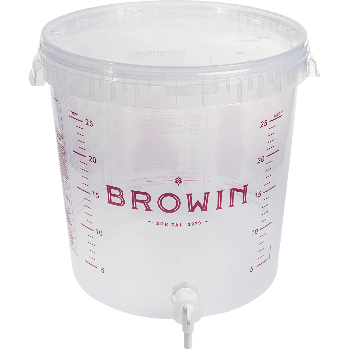 Transparent 30 L fermentation container with a print, a tap, and a lid