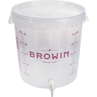 Transparent 30 L fermentation container with a print, a tap, and a lid