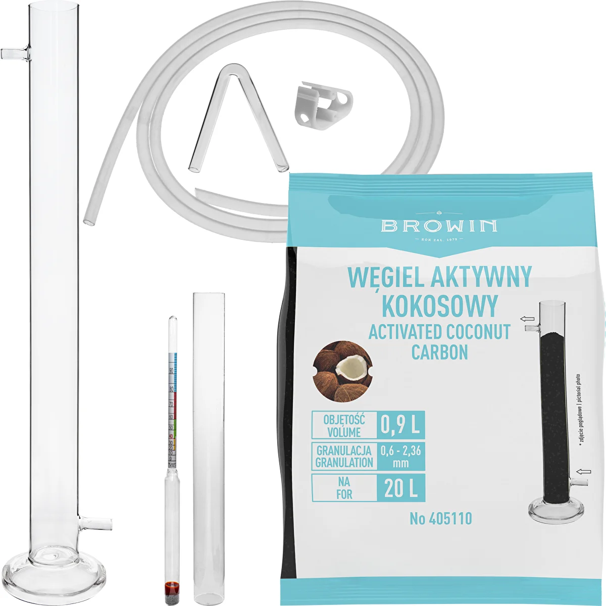 Glass filtration column coming in a set with an alcohol meter, silicon hose and coconut charcoal