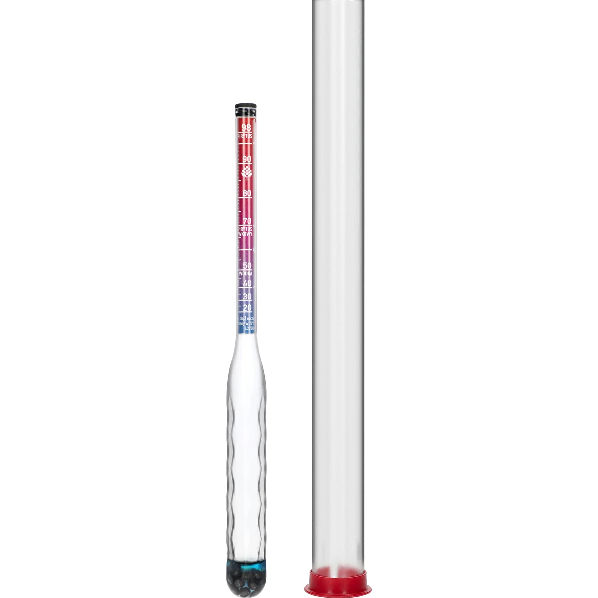 Shatterproof alcoholmeter with test tube, measuring range 20–98%
