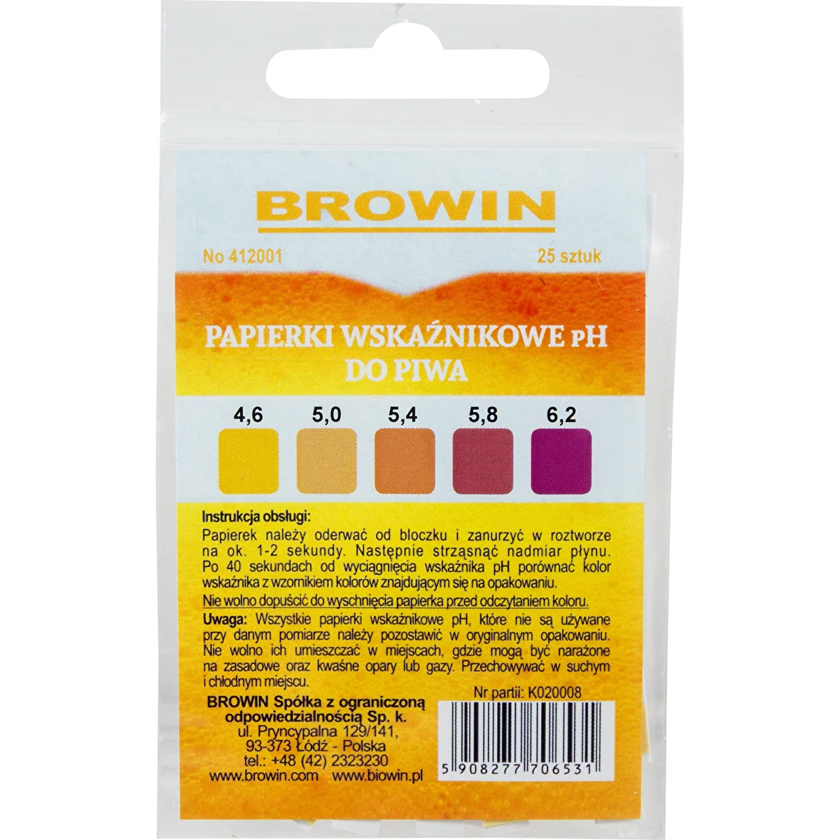 Beer pH test strips 4.6 - 6.2 , 25 pcs.