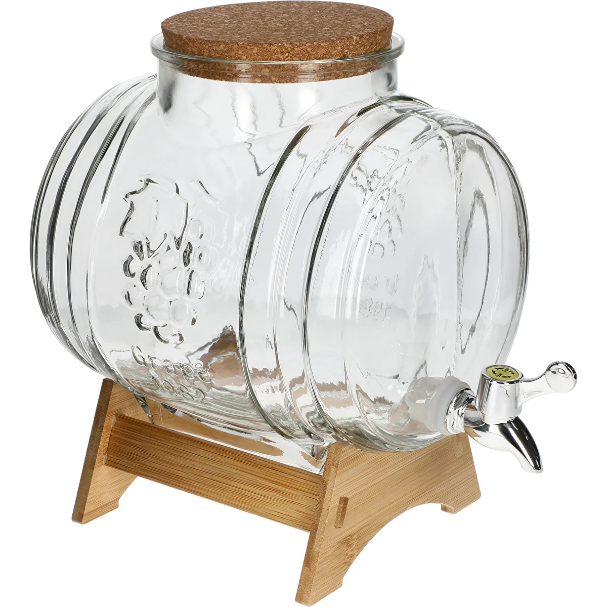5 L glass barrel, with wide spout, cork, stand, and tap