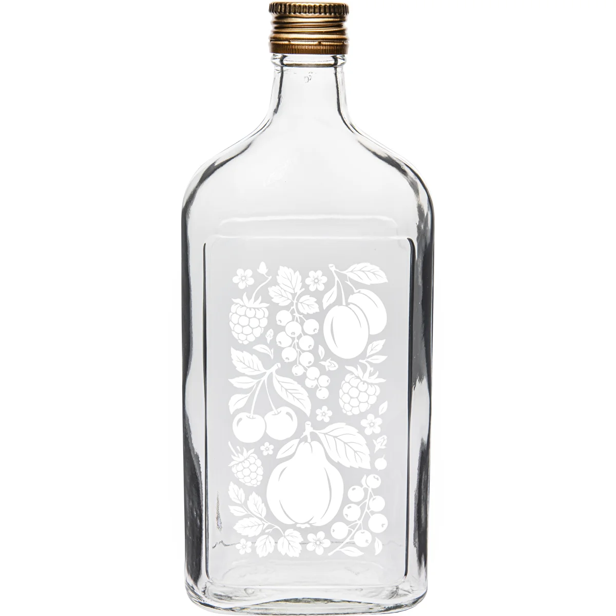 500 ml flask-style bottle with screw cap and "Fruits" print, design 2