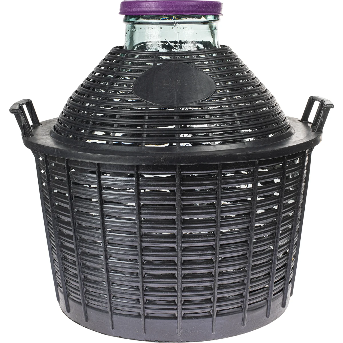 25 L demijohn with wide neck in plastic basket