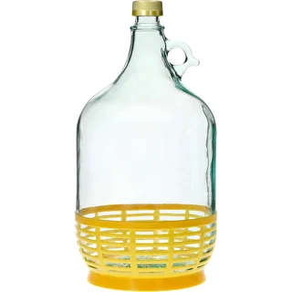 Lady demijohn 5 L with a screw cap, with a plastic basket (white glass, golden screw cap)