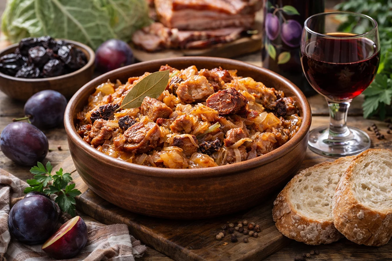 Homemade bigos with plum wine