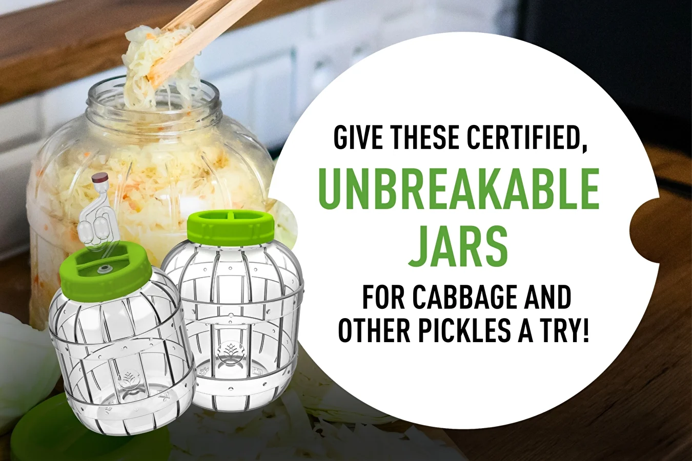 Give these certified, unbreakable jars for cabbage and other pickles a try!