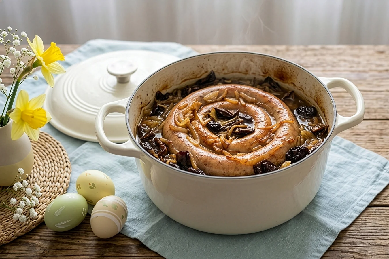 Coiled white sausage baked with mushrooms and smoked prunes