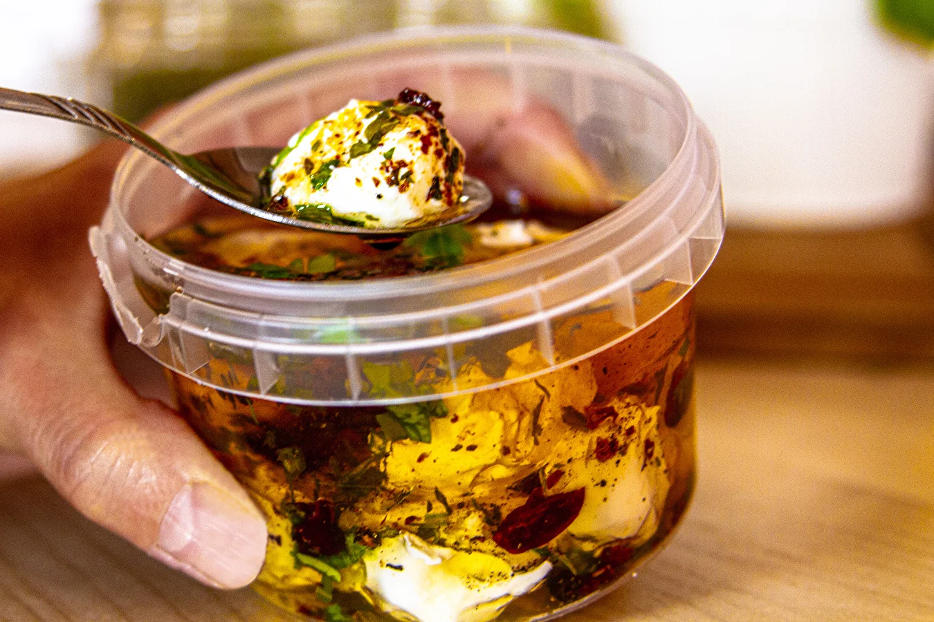 Yogurt balls in olive oil with spices
