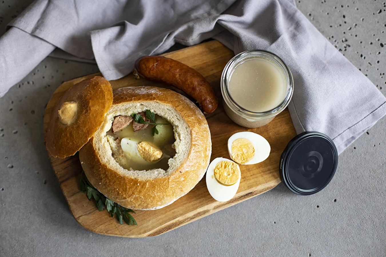 Homemade żurek in sourdough bread