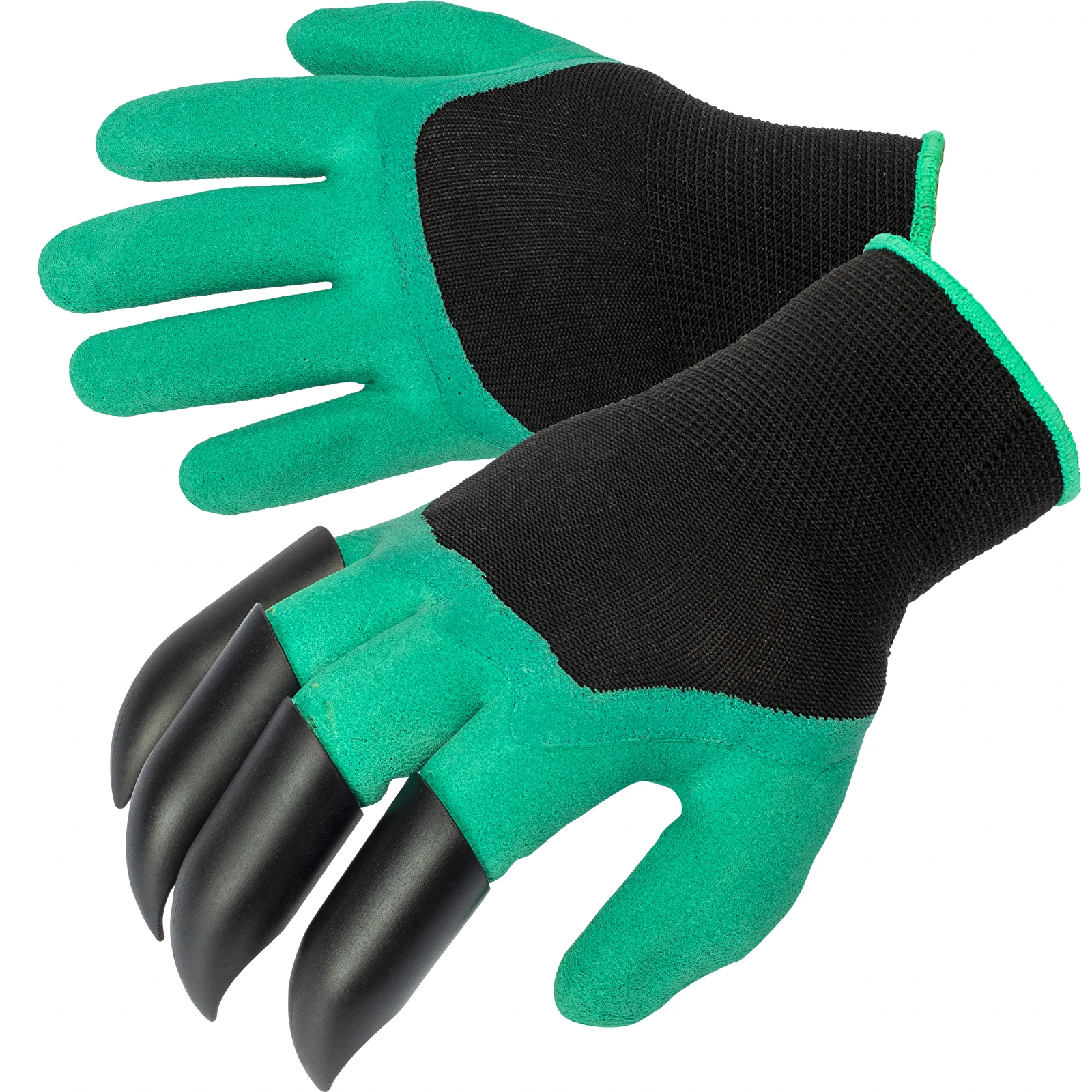 Man's arms and hands wearing of light green synthetic fabric garden gloves  with black elasticated wristbands, one glove equipped with claw fingers  Stock Photo - Alamy