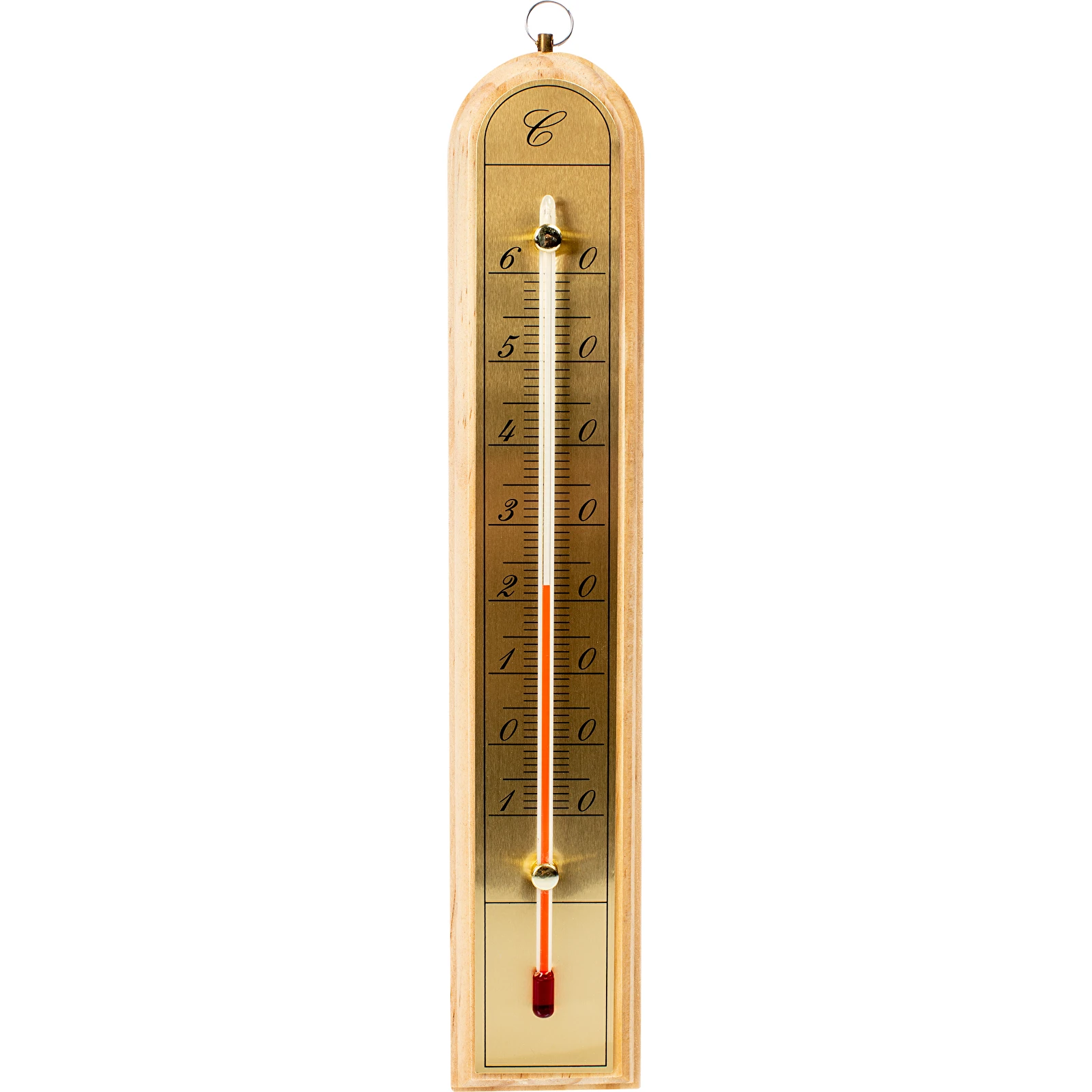 Indoor thermometer with a golden scale, from -10 to +60°C symbol