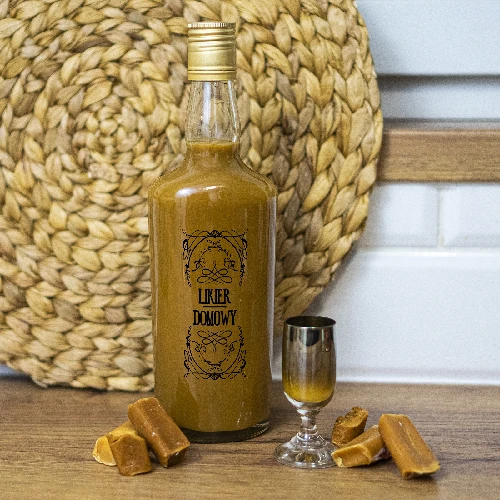 0.5 L bottle with a screw cap, ‘Likier domowy’ print - 4 pcs - 10 ['bottle for homemade liqueur', ' bottle for liqueur', ' bottle for infusion liqueur', ' bottles with stopper', ' 500 mL glass bottle', ' 0.5 L bottle', ' bottles with print', ' coffee liqueur', ' orange liqueur']