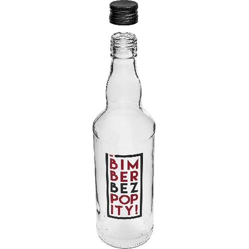 0.5 L bottle with screw cap and “Bimber Bez Popity” two-colour print - 4 pcs - 4 ['bottle', ' bottles', ' printed bottles', ' liquor bottle', ' moonshine bottle', ' alcohol bottle', ' printed bottle', ' printed glass bottle with cap', ' 500 ml bottles with cork', ' cork bottles set', ' for a wedding', ' bottle for home-made alcohol', ' gift bottle', ' vodka bottle', ' superb bottles', ' moonshine without chaser']