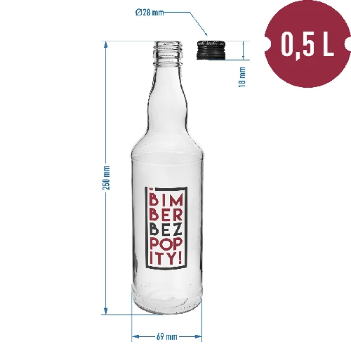 0.5 L bottle with screw cap and “Bimber Bez Popity” two-colour print - 4 pcs - 8 ['bottle', ' bottles', ' printed bottles', ' liquor bottle', ' moonshine bottle', ' alcohol bottle', ' printed bottle', ' printed glass bottle with cap', ' 500 ml bottles with cork', ' cork bottles set', ' for a wedding', ' bottle for home-made alcohol', ' gift bottle', ' vodka bottle', ' superb bottles', ' moonshine without chaser']