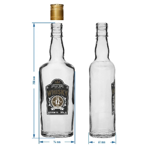 0.5 L bottle, with screw cap, "Whisky" print - 4 pcs - 8 ['homemade whisky bottle', ' whisky bottle', ' glass bottle with screw cap', ' bottle with screw cap', ' 500 ml glass bottle', ' 0.5 L bottle', ' bottles with print', ' bottle with print', ' whiskey bottle']