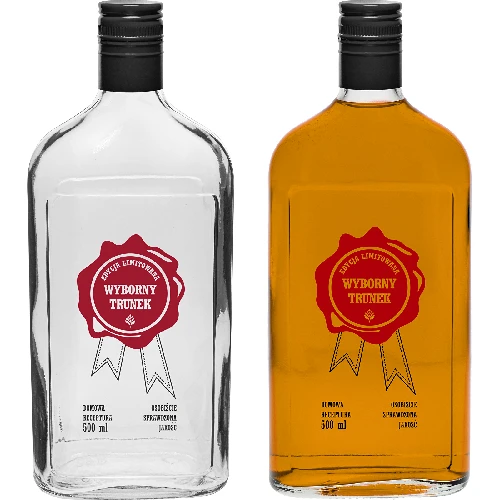 0.5 L hip flask bottle with screw cap and a “Wyborny Trunek” two-colour print - 4 pcs - 6 ['bottle', ' bottles', ' printed bottles', ' liquor bottle', ' moonshine bottle', ' liquor bottle', ' printed bottle', ' printed glass bottle with cap', ' 500 ml bottles with cork', ' cork bottles set', ' for a wedding', ' bottle for home-made alcohol', ' gift bottle', ' breastplate bottle', ' superb bottles', ' fine spirits']