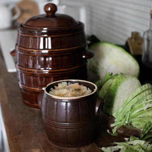 1,4l Stoneware / barrel crock pot with lid - 3 ['barrel for cabbage', ' pickling barrel', ' pickling barrel', ' silage', ' cabbage', ' cucumber', ' barrel with lid']