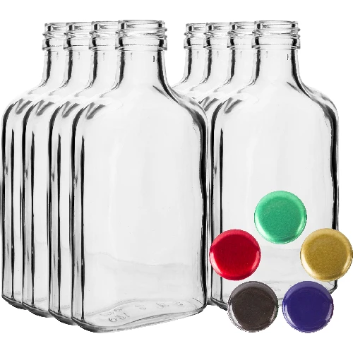 100 ml Hip flask glass bottle with screw cap , 8 pcs. - 2 ['bottles', ' tinctures', ' tincture bottles', ' tincture bottle with screw cap', ' bottle with screw cap', ' bottles with coloured screw caps', ' coloured screw caps', ' screw caps']