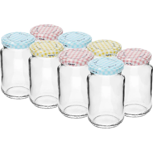 190 ml twist off glass jar with coloured lid Ø53 - 8 pcs. - 2 ['jars', ' small jars', ' jar', ' glass jar', ' glass jars', ' jar with lid', ' jars for preserves', ' canning jars', ' jars for spices', ' jam jar', ' jar for jam', ' honey jar', ' jars TO 190 ml']