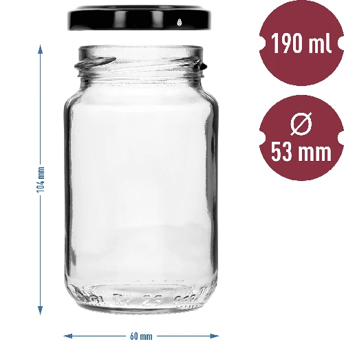 190 ml twist off glass jar with coloured lid Ø53 - 8 pcs. - 8 ['jars', ' small jars', ' jar', ' glass jar', ' glass jars', ' jar with lid', ' jars for preserves', ' canning jars', ' jars for spices', ' jam jar', ' jar for jam', ' honey jar', ' jars TO 190 ml']