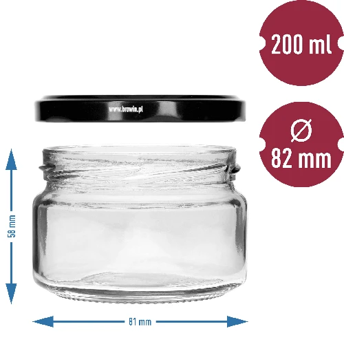 200 ml low jar with black Ø82/6 lid, 6 pcs - 5 ['low jar', ' glass jar', ' 200 mL jar', ' twist-off lid', ' jam jar', ' storage container', ' homemade preserves', ' herring jar', ' salad jar', ' dessert jar']