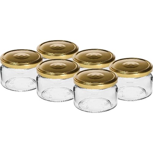 200 ml low jar with golden Ø82/6 lid, 6 pcs  - 1 ['low jar', ' glass jar', ' 200 ml jar', ' twist-off lid', ' jam jar', ' storage container', ' homemade preserves', ' herring jar', ' salad jar', ' dessert jar']