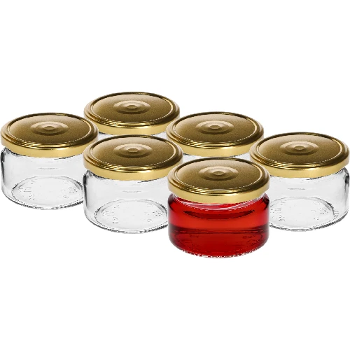 200 ml low jar with golden Ø82/6 lid, 6 pcs - 2 ['low jar', ' glass jar', ' 200 ml jar', ' twist-off lid', ' jam jar', ' storage container', ' homemade preserves', ' herring jar', ' salad jar', ' dessert jar']