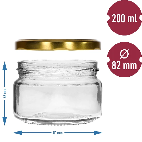 200 ml low jar with golden Ø82/6 lid, 6 pcs - 5 ['low jar', ' glass jar', ' 200 ml jar', ' twist-off lid', ' jam jar', ' storage container', ' homemade preserves', ' herring jar', ' salad jar', ' dessert jar']