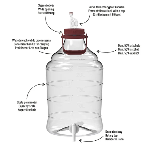 25 L Unbreakable Demijohn with handle and a discharge tap - 4 ['shatterproof demijohn', ' PET demijohn', ' lightweight demijohn', ' demijohn for wine', ' demijohn with tap', ' demijohn with small tap', ' demijohn for winemaking', ' demijohn with discharge tap', ' plastic demijohn', ' demijohn for fermenting']