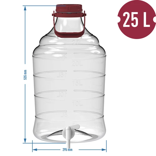 25 L Unbreakable Demijohn with handle and a discharge tap - 12 ['shatterproof demijohn', ' PET demijohn', ' lightweight demijohn', ' demijohn for wine', ' demijohn with tap', ' demijohn with small tap', ' demijohn for winemaking', ' demijohn with discharge tap', ' plastic demijohn', ' demijohn for fermenting']