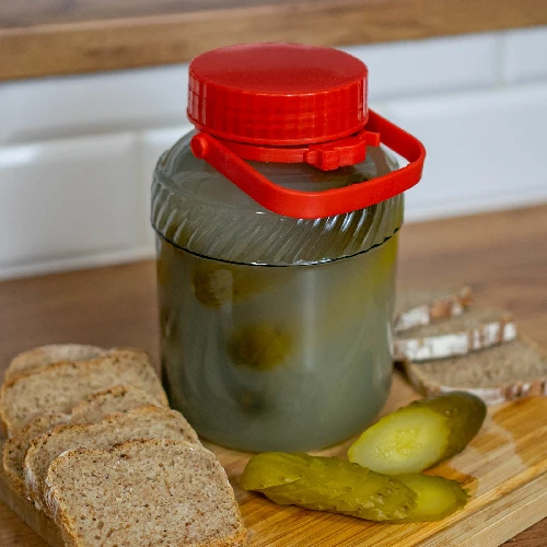 2l glass jar with plastic cap - 3 ['large jar', ' jar large', ' large glass jar', ' canning jar', ' for pickling', ' for cucumbers', ' doe cabbage', ' industrial jar', ' jar with tongs', ' jar tongs', ' cucumber tongs']