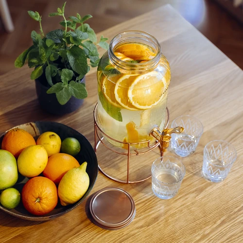 3.8 L jars with tap on a stand - 9 ['jar with tap', ' lemonade jar', ' punch jar', ' beverage jar', ' beverage dispenser', ' for parties', ' for serving drinks', ' glass jar with tap', ' jar on stand', ' jar with small tap']