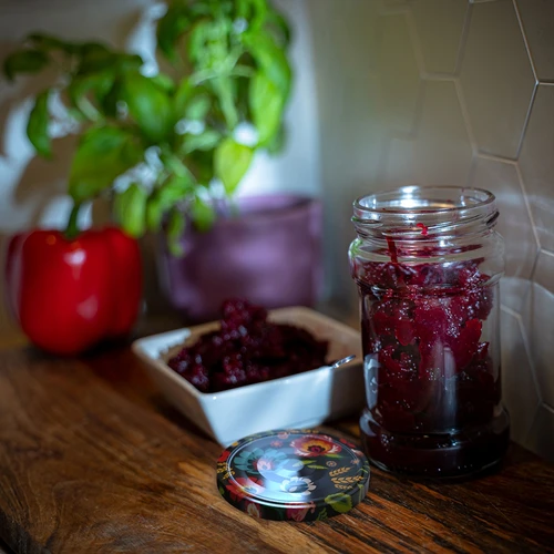 300ml twist off jar with coloured lid Ø66 - 6 pcs. - 16 ['preserving jars', ' 300 ml jars', ' set of jars', ' jars with colourful caps', ' colourful caps', ' for compotes', ' for jams']