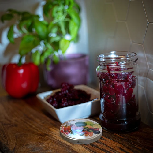 300ml twist off jar with coloured lid Ø66 - 6 pcs. - 18 ['preserving jars', ' 300 ml jars', ' set of jars', ' jars with colourful caps', ' colourful caps', ' for compotes', ' for jams']