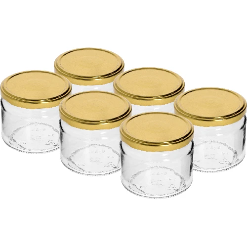 330 ml jar with golden Ø82/6 lid, 6 pcs  - 1 ['low jar', ' glass jar', ' 330 ml jar', ' twist-off lid', ' jam jar', ' storage container', ' homemade preserves', ' herring jar', ' salad jar', ' dessert jar']