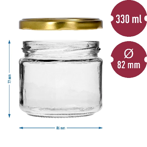 330 ml jar with golden Ø82/6 lid, 6 pcs - 7 ['low jar', ' glass jar', ' 330 ml jar', ' twist-off lid', ' jam jar', ' storage container', ' homemade preserves', ' herring jar', ' salad jar', ' dessert jar']