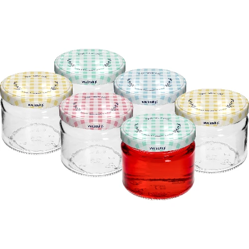 330 ml low jar with vichy check pattern Ø82/6 lid, 6 pcs - 2 ['low jar', ' glass jar', ' 330 ml jar', ' twist-off lid', ' jam jar', ' storage container', ' homemade preserves', ' herring jar', ' salad jar', ' dessert jar']