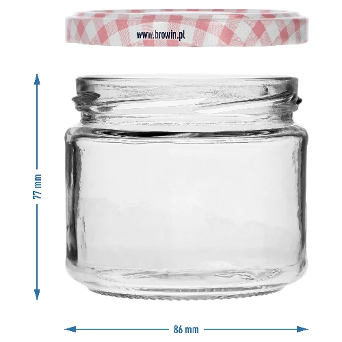 330 ml low jar with vichy check pattern Ø82/6 lid, 6 pcs - 7 ['low jar', ' glass jar', ' 330 ml jar', ' twist-off lid', ' jam jar', ' storage container', ' homemade preserves', ' herring jar', ' salad jar', ' dessert jar']